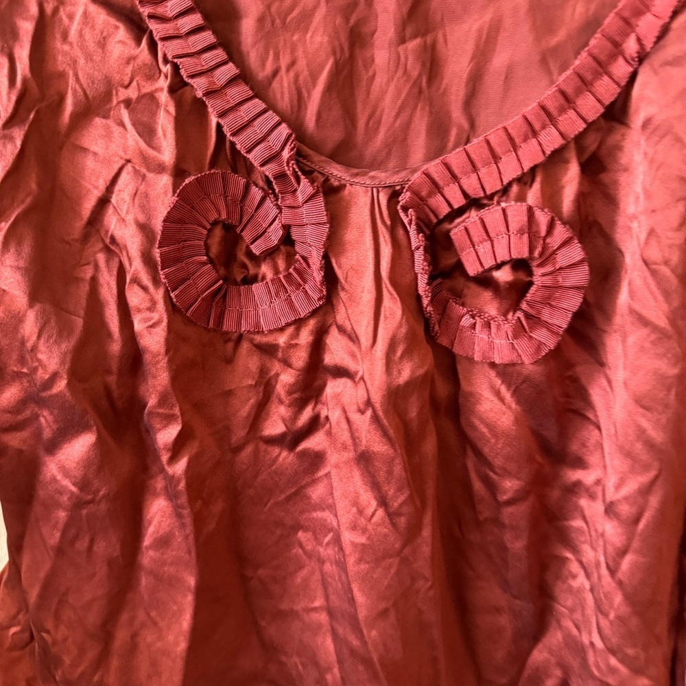 Vintage blouse top silk ruffles rosettes rust copper 3/4 long sleeve scoop Y2K - Picture 4 of 8